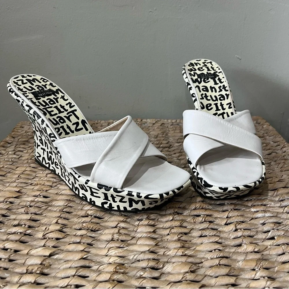 STUART WEITZMAN NEW BLACK & WHITE LEATHER‎ GRAFFITI PRINT LOGO SANDAL WEDGE 9.5